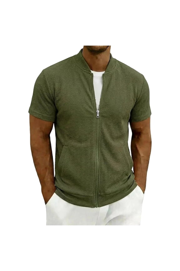 Men's Waffle Knit Full-Zip Short Sleeve Bomber Jacket, Casual Stand Collar Lightweight Outerwear