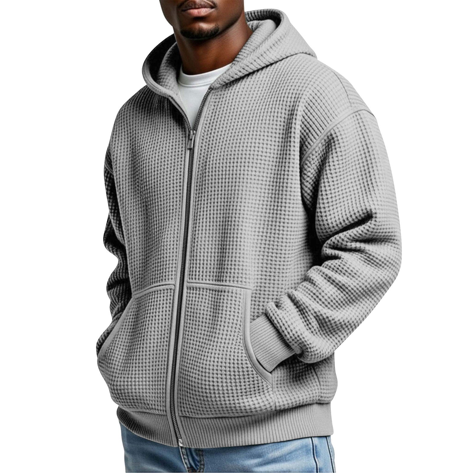KIHOUT Men's Waffle Texture Full Zip Hoodie With Kangaroo Pocket
