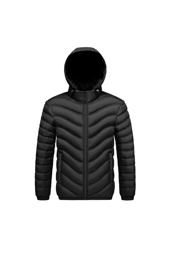 Men's Wave Pattern Quilted Parka - Unique Chevron Stitching with Detachable Fur Trim Hood for Fashion-Forward Winter Style
