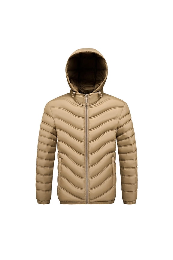 Men's Wave Pattern Quilted Parka - Unique Chevron Stitching with Detachable Fur Trim Hood for Fashion-Forward Winter Style