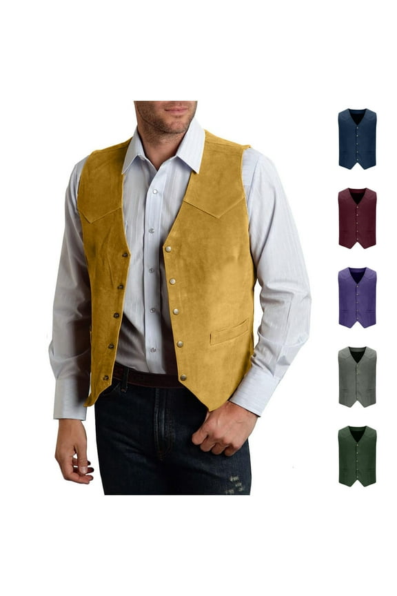 Men's Western Cowboy Suit Vest Slim Fit Faux Suede Leather Dress Vests Waistcoat for Wedding