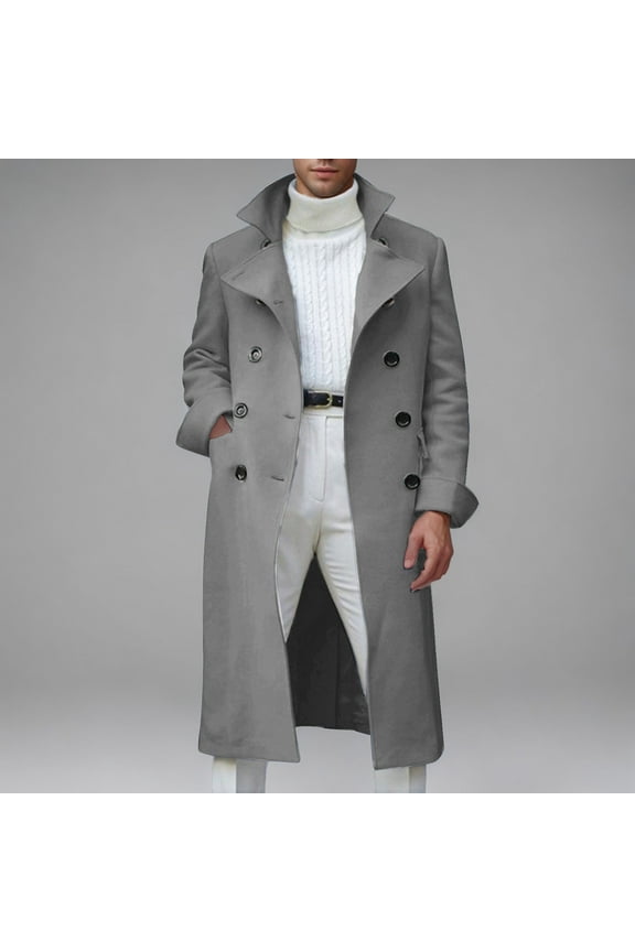 Men's Winter Coat Wool Blend Trench Overcoat Casual Double Breasted Long Pea Topcoat