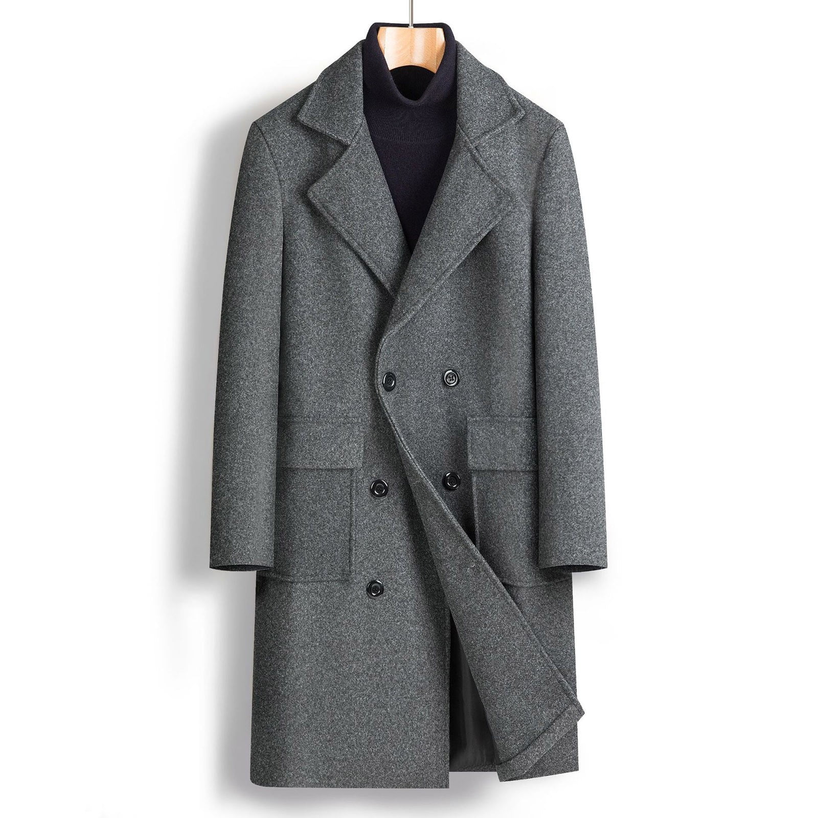 KIHOUT Men's Wool Blend Pea Coat Notched Collar Double Breasted