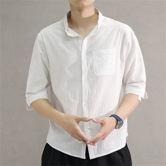 KIHOUT Mens Linen Loose Shirts New Stand-up Collar Thin Seven-point Short-sleeved Tops Casual Stylish Daily Blouses