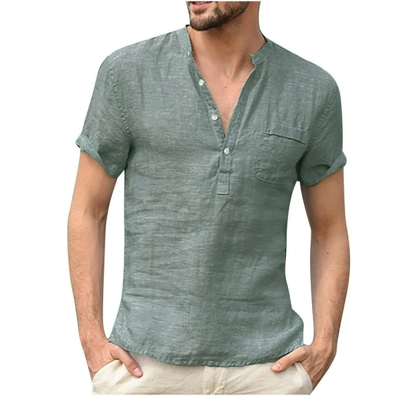 KIHOUT Mens Short Sleeve Linen Shirt Casual Summer Fashion Retro Stand-Up Short Sleeve Blousess