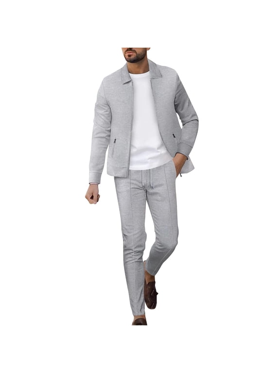 Mens Waffle Knit Suit Long Sleeve Notched Collar Button Down Cardigan and Drawstring Joggers Set Solid Color Smart Casual Tracksuit for Daily