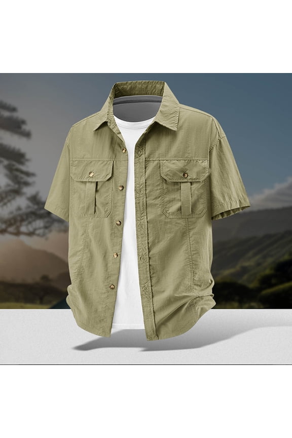Mne's Dual Button Flap Chest Pocket Point Collar Button Down Short Sleeve Nylon Work Shirt, Regular Loose Fit Quick Dry Breathable Outdoor Casual Top