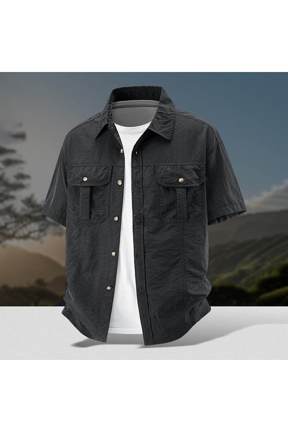 Mne's Dual Button Flap Chest Pocket Point Collar Button Down Short Sleeve Nylon Work Shirt, Regular Loose Fit Quick Dry Breathable Outdoor Casual Top