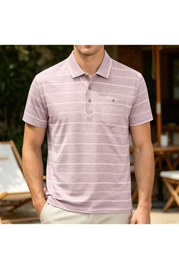 Mne's Horizontal Stripe Print Contrast Rib Collar Short Sleeve Pocket Polo Shirt, Regular Fit Quick Dry 100% Polyester Casual Top