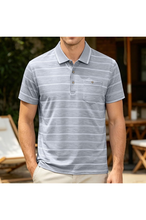 Mne's Horizontal Stripe Print Contrast Rib Collar Short Sleeve Pocket Polo Shirt, Regular Fit Quick Dry 100% Polyester Casual Top