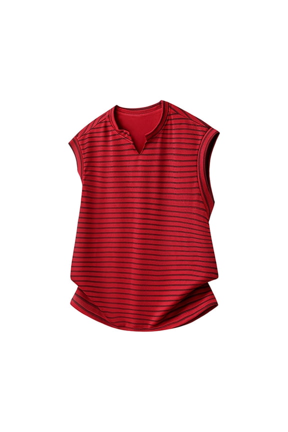 Mne's Horizontal Striped Notch Split Henley Crew Neck Sleeveless Tank Top, Loose Fit Textured Polyester Layering Vest
