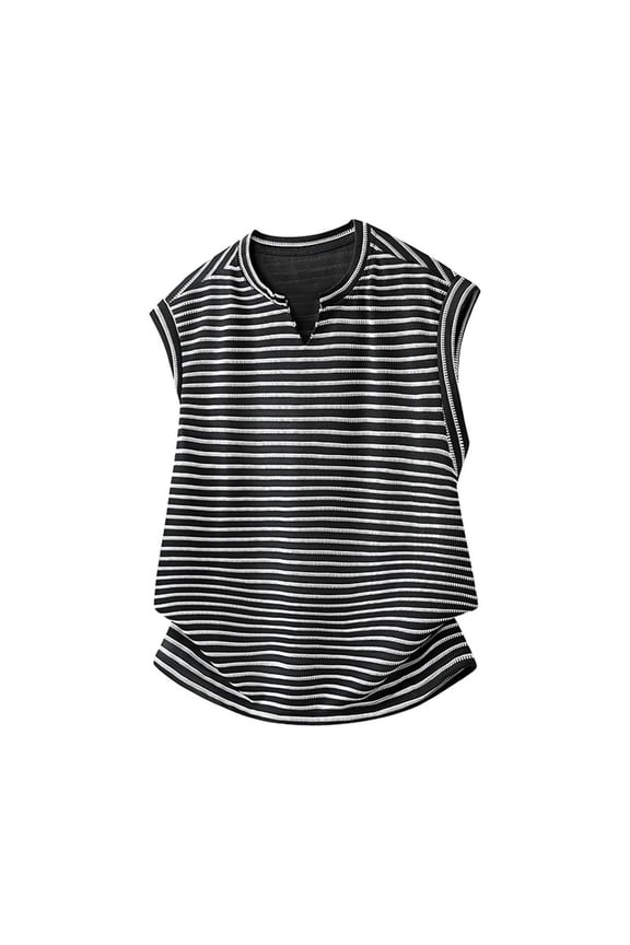 Mne's Horizontal Striped Notch Split Henley Crew Neck Sleeveless Tank Top, Loose Fit Textured Polyester Layering Vest
