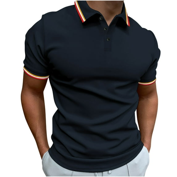 KIHOUT New Arrivals Summer Mens Shirts Deals, Men's Casual T-shirt Solid Color Turndown Collar Short Sleeve Tops Blouse, Fathers Day Gifts Navy M