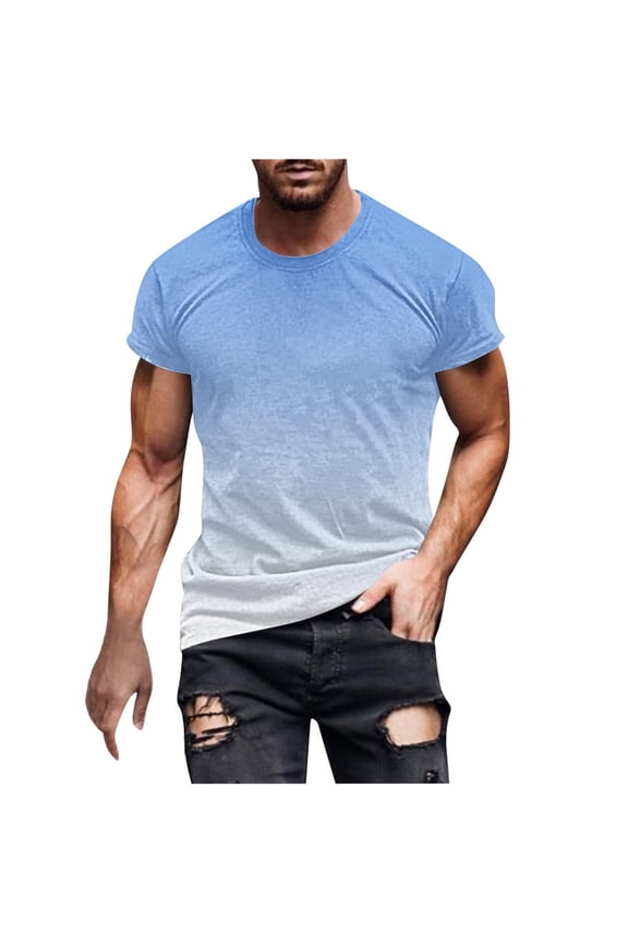 New Arrivals Summer Mens T-shirts , Men Gradation Print Short Sleeve Round Neck Shirts Casual Fashion Graphic Tees Top, Fathers Day Gifts Blue 5XL