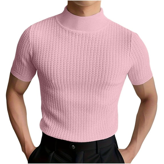 KIHOUT New Arrivals Summer Mens T-shirts , Men's Summer Fashion Knit Casual Solid Color Short Sleeve Round Neck Collar Blouse, Fathers Day Gifts Pink XL