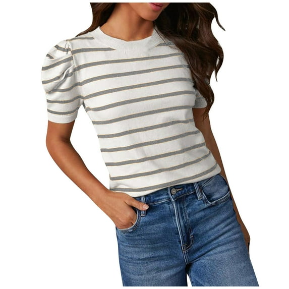 KIHOUT New Arrivals Summer Tops for Women, Women's Short Puff Sleeve Knit Tops Trendy Crewneck Striped T-Shirts Casual Summer Blouses(Gray L)