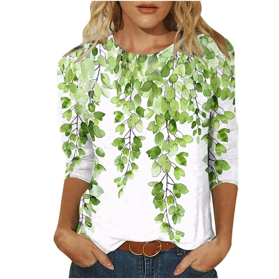 KIHOUT New Arrivals Womens Summer Tops 3/4 Sleeve Shirts Round Neck Loose Casual Blouses Floral Graphic Print Tees T-shirts