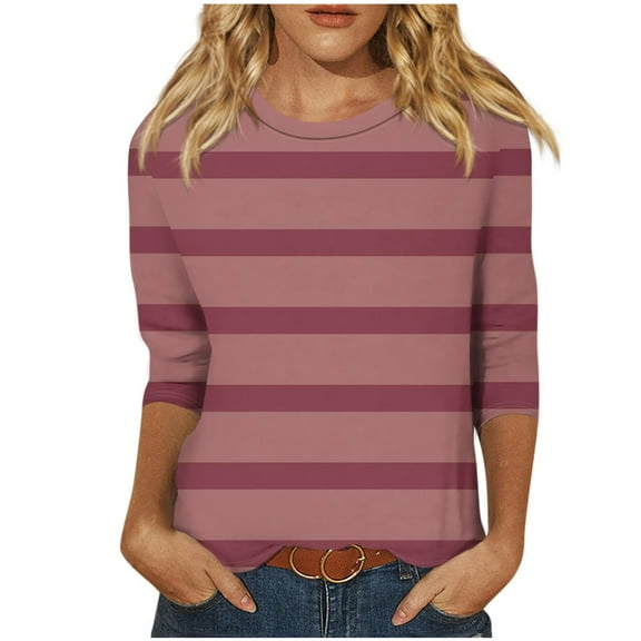 KIHOUT New Arrivals Womens Tops 3/4 Sleeve Shirts Round Neck Loose Casual Blouses Striped Print T-shirts