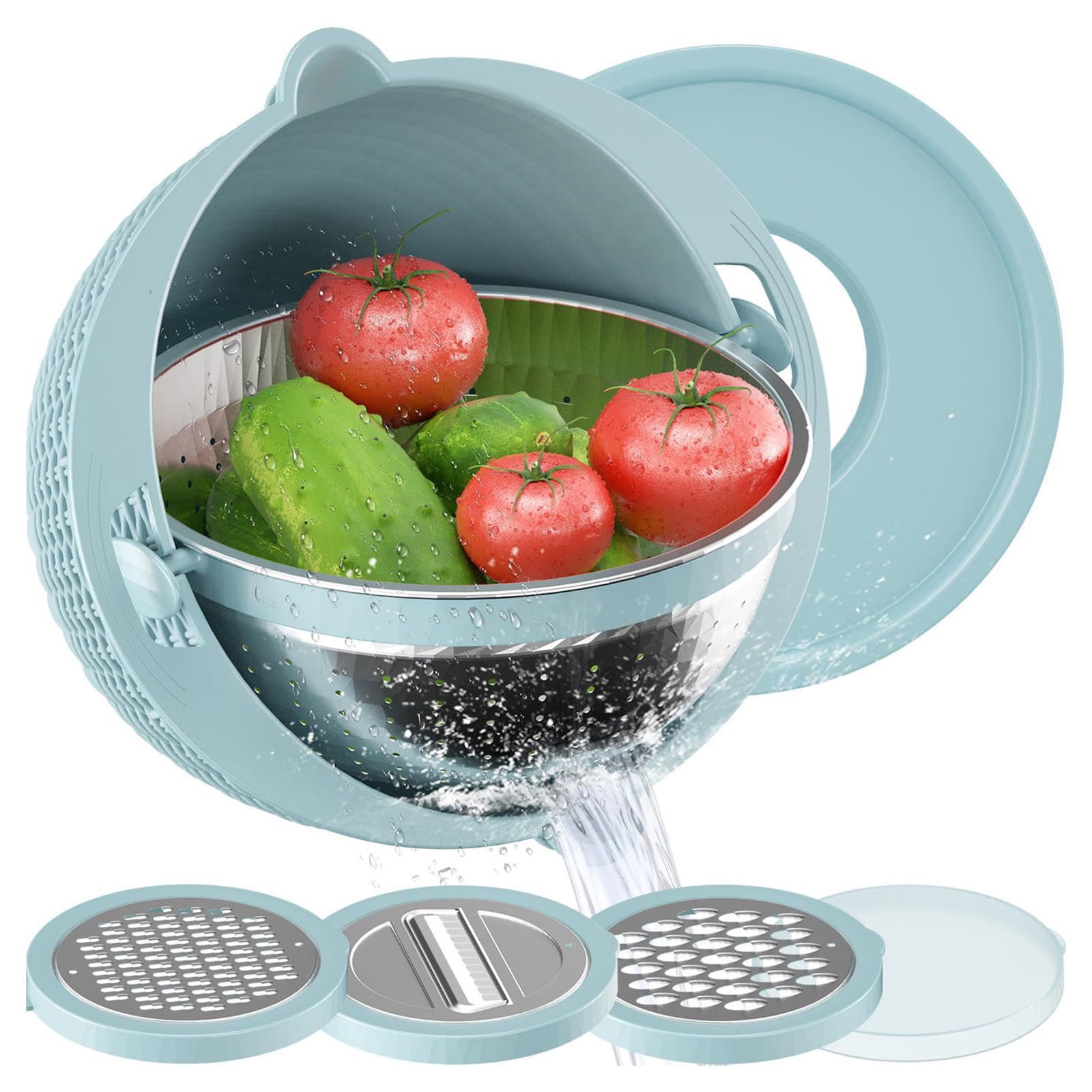 Blue Stainless Steel and Plastic Rotating Colander Set