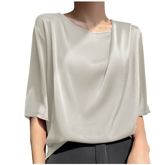 KIHOUT New Summer Fashion Top for Women 2025, Ladies Silky Solid Color Half Sleeve Round-Neck Blouses Shirt Beige XL