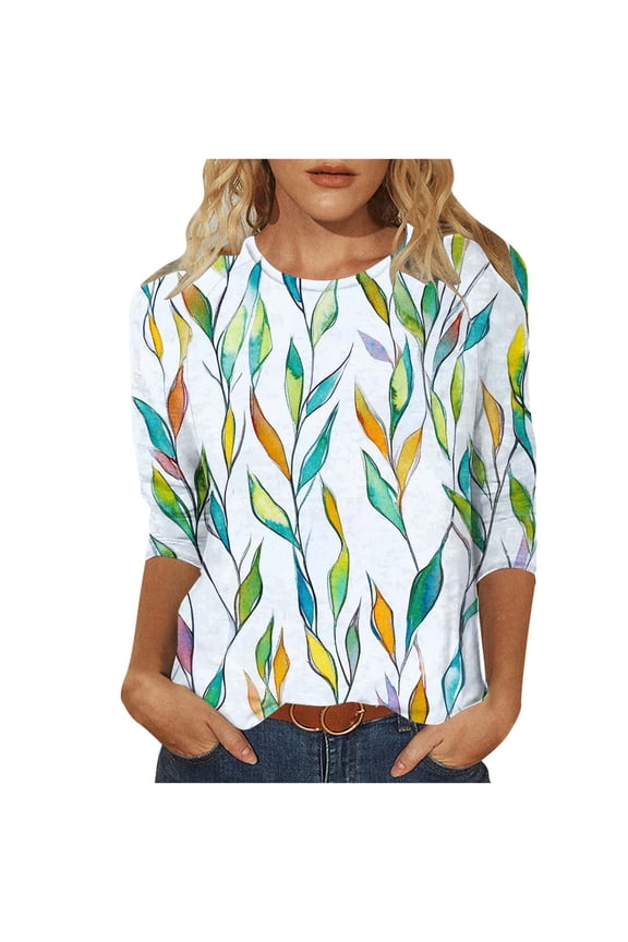 New Womens Spring Shirts Ladies Fashion Printed Loose T-shirt 3/4 Sleeves Blouse Round Neck Casual Tops