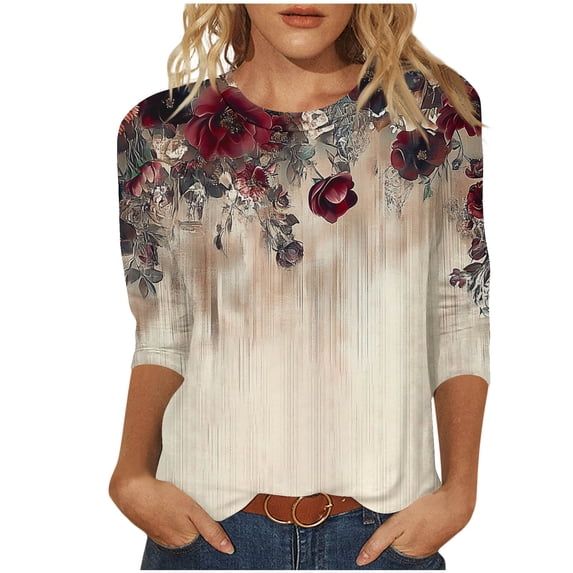 KIHOUT New Womens Spring Shirts Ladies Fashion Printed Loose T-shirt 3/4 Sleeves Blouse Round Neck Casual Tops