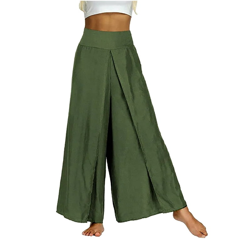 KIHOUT Pants For Women Deals Women's Solid Cotton Linen Loose Wide Leg  Pants Solid Elastic Waist Split Pants