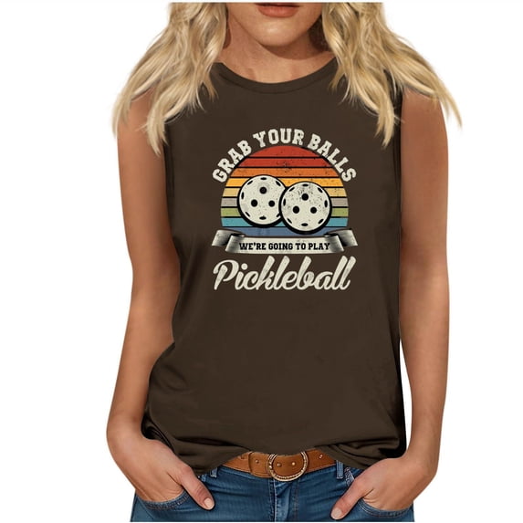 KIHOUT Pickleball Lovers Round Neck Sleeveless Womens Tank Tops Summer Casual Pickleball Printed Basic Cami Top Slim Ladies Henley Button Pickleballl Sport Blouses(Brown,S-2XL)