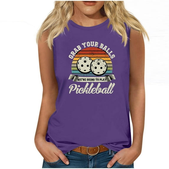 KIHOUT Pickleball Lovers Round Neck Sleeveless Womens Tank Tops Summer Casual Pickleball Printed Basic Cami Top Slim Ladies Henley Button Pickleballl Sport Blouses(Purple,S-2XL)