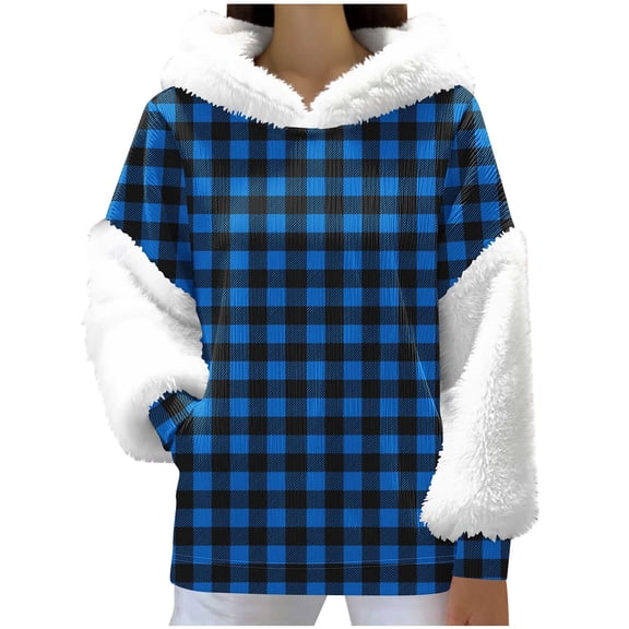 KIHOUT Plaid Fuzzy-Accent Top - Warm Fleece Trim for Fall/Winter School Pick-Ups & Park Strolls; Timeless Pattern Fits Daily Casual (Cozy, Easy-to-Wear) (S-XXL)