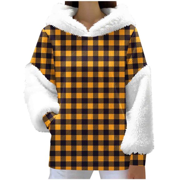 KIHOUT Plaid Fuzzy-Accent Top - Warm Fleece Trim for Fall/Winter School Pick-Ups & Park Strolls; Timeless Pattern Fits Daily Casual (Cozy, Easy-to-Wear) (S-XXL)