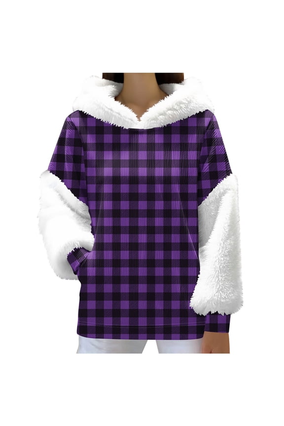Plaid Fuzzy-Accent Top - Warm Fleece Trim for Fall/Winter School Pick-Ups & Park Strolls; Timeless Pattern Fits Daily Casual (Cozy, Easy-to-Wear) (S-XXL)