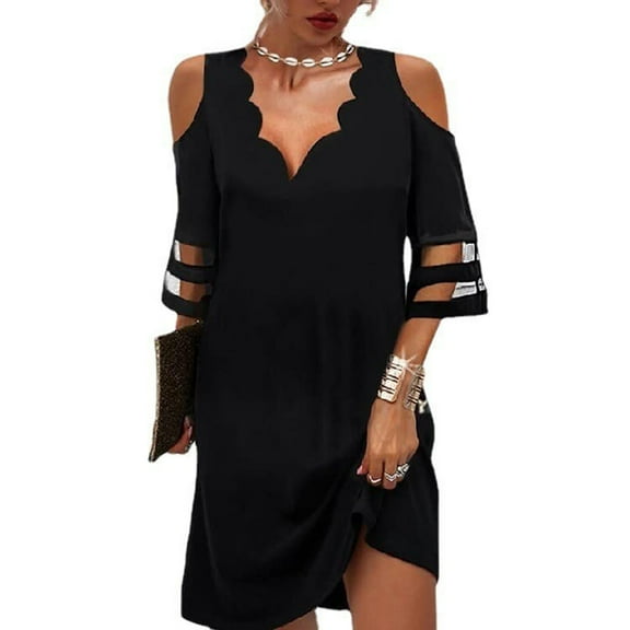 KIHOUT Plus Size Dresses For Women Fashion Women Casual V-Neck Solid Summer 3/4Sleeve Cold Shoulder Mini Dress