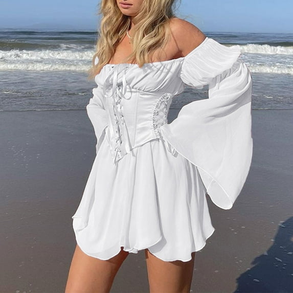 KIHOUT Plus Size Dresses For Women Clearance Ladies Fashion One-Shoulder Trumpet Sleeves Ruffled Sweet Retro Vintage Style Chiffon Dress