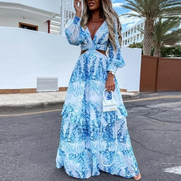 KIHOUT Plus Size Dresses For Women Women Fashion Casual Long Sleeve V-Neck Printing Hollow Out Long Dress