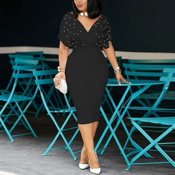 KIHOUT Plus Size Dresses for Women Women Solid Color Tube Top V-Neck Half Sleeve Back Zipper Dress