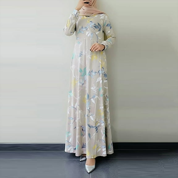 KIHOUT Plus Size Dresses For Women Women's Fashion Round Neck Print Loose Long Sleeve Ankle-Length Dress Long Dress