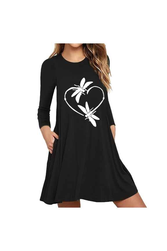 Plus Size Dresses For Women Women's Printed Long Sleeve Pockets Casual Wild Dress Loose Dresses