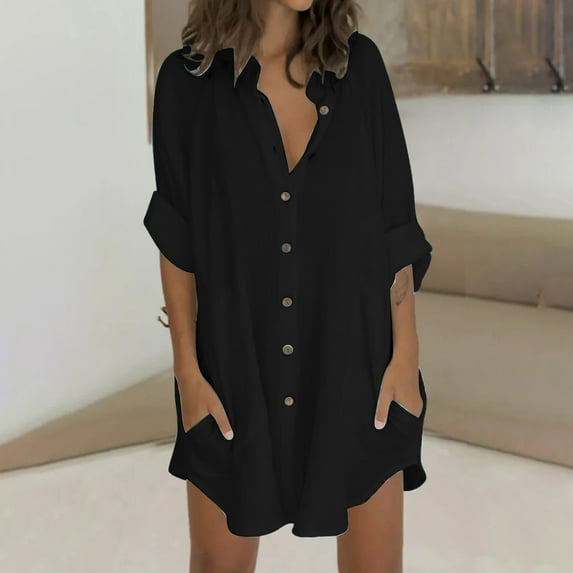 KIHOUT Plus Size Dresses For Women Clearance Women's Shirt Dress Short Mini Dress 3/4 Sleeve Solid Color Patchwork Shirt