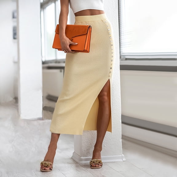 KIHOUT Plus Size Skirt For Women Fashion Women Casual Mid Calf High Waist Button Slit Buttocks Skirt