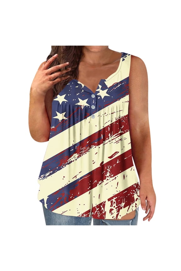 Plus Size Women's 4th of July Tank Top V Neck Button Sleeveless Front Ruffled Print Tunic Tops Beige 3XL