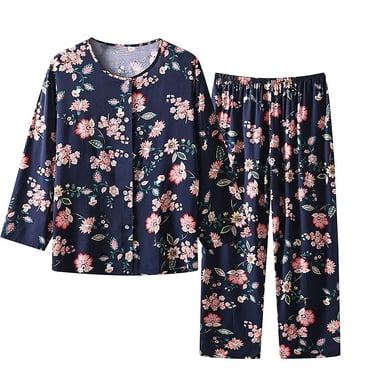 KIHOUT Plus Size Women's Summer Printed Loose Pajama Two Piece Set Long Sleeve Round Neck Button Top Elastic Waist Capris Pants Set Ladies 2024 Classic Casual Pajama Set XL-5XL