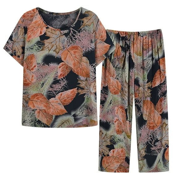 KIHOUT Plus Size Women's Summer Printed Loose Pajama Two Piece Set Short Sleeve Round Neck Top Elastic Waist Capris Pants Set Ladies Classic Pajama Set XL-3XL