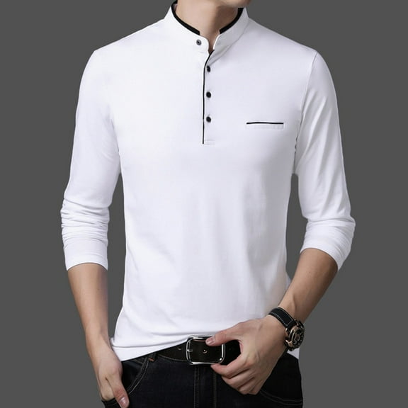 KIHOUT Promotion Men's Long Sleeve New Standing Collar Men's Long Sleeve T-shirt Pure Blouse Top