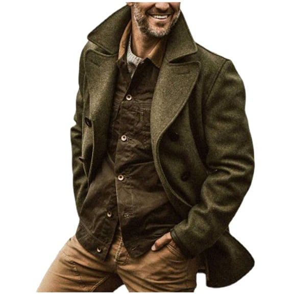 KIHOUT Promotion Men's Long Sleeve Solid Color Ddouble Breasted Coat with Lapel