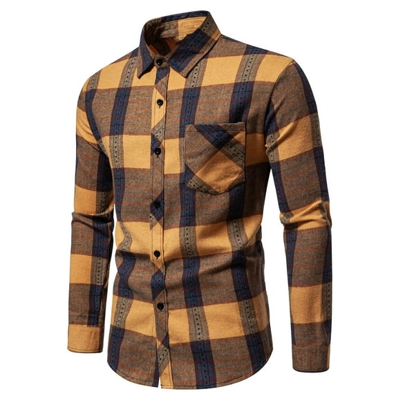 KIHOUT Shirts Men Casual Fashion Plaid Turn-down Collar Button Long Sleeve Shirt Blouse YE/XL