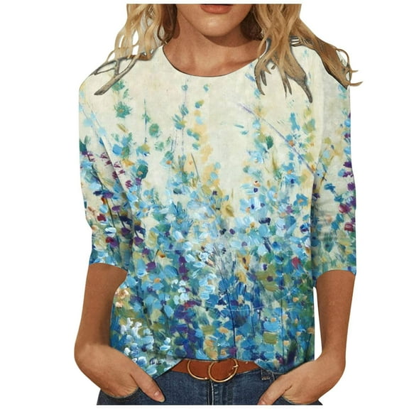 KIHOUT Shirts for Women Petite Fashion Printed Blouse 3/4 Sleeves Shirt Round Neck Casual Tops