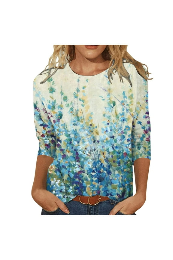 Shirts for Women Petite Fashion Printed Blouse 3/4 Sleeves Shirt Round Neck Casual Tops