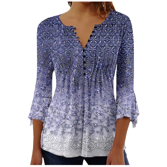 KIHOUT Shirts for Women Juniors Fashion Casual Blouse V Neck Three Quarter Shirt Fall Printing Tops Sweatshirt