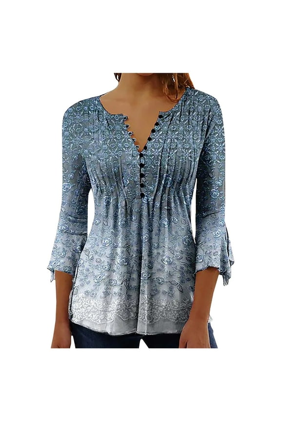 Shirts for Women Juniors Fashion Casual Blouse V Neck Three Quarter Shirt Fall Printing Tops Sweatshirt